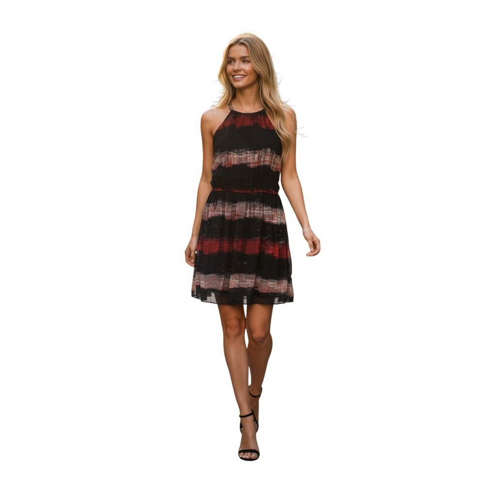 Alice+Olivia‎ Silk Blend Halter Mini Dress Black Red Abstract Stripe S NWOT $395